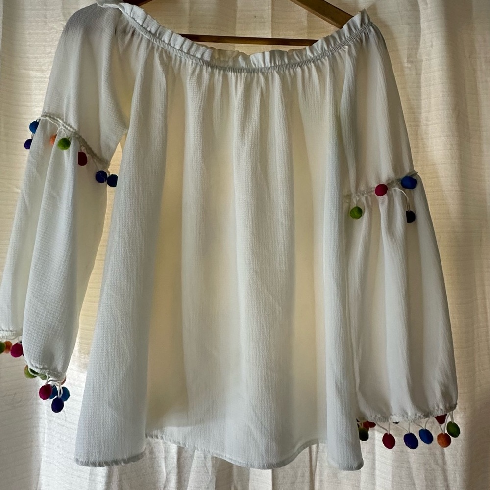 White Off-Shoulder Top with Colorful Pom Poms
